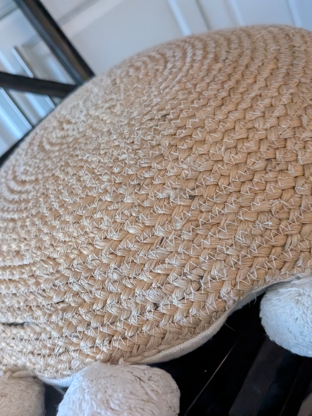 Bohemian Large Round Woven Jute Pillow With Pom Poms - Picture 11 of 13